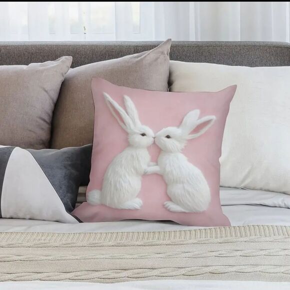 Adorable Pink Pillow with White Bunny Rabbit Design - 18" x 18" - Picture 5 of 5
